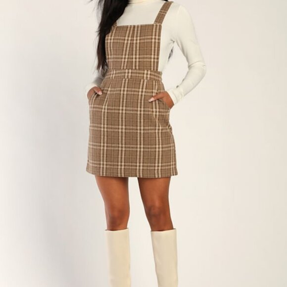 Lulus Dresses & Skirts - Lulus Plaid To Be Yours Beige And Brown Plaid Pinafore Mini Dress - Size S